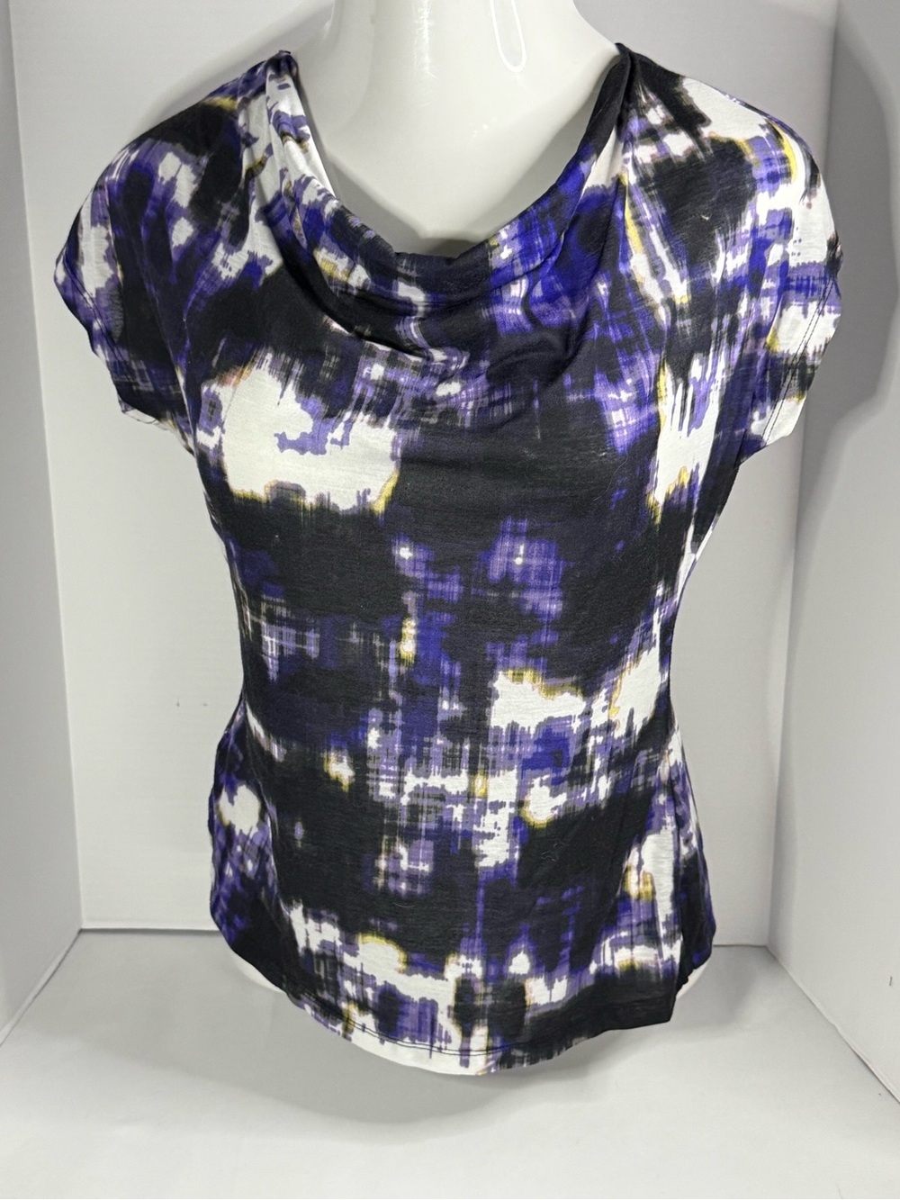 Kenneth Cole Abstract Print Cowl Neck Top - Black & Purple SML
